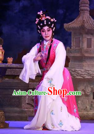 Chinese Cantonese Opera Actress Rosy Garment Nu Chuang Jin Dian Costumes and Headdress Traditional Guangdong Opera Diva Apparels Young Female Dress