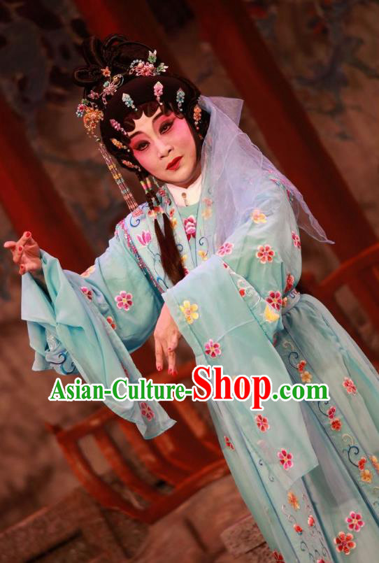 Chinese Cantonese Opera Young Female Garment Dan Jia Nv Costumes and Headdress Traditional Guangdong Opera Hua Tan Apparels Actress Blue Dress