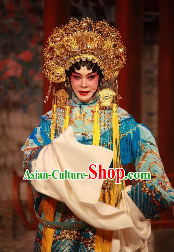 Chinese Cantonese Opera Imperial Empress Garment Dan Jia Nv Costumes and Headdress Traditional Guangdong Opera Hua Tan Apparels Queen Blue Dress