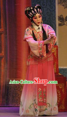 Chinese Cantonese Opera Xiaodan Garment Da Nao Mei Zhi Fu Costumes and Headdress Traditional Guangdong Opera Actress Apparels Young Lady Rosy Dress