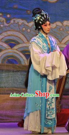 Chinese Cantonese Opera Young Female Garment Da Nao Mei Zhi Fu Costumes and Headdress Traditional Guangdong Opera Actress Apparels Hua Tan Blue Dress