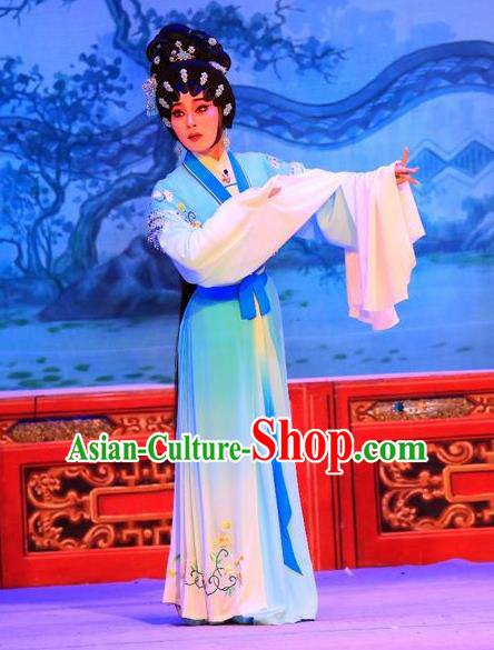 Chinese Cantonese Opera Diva Li Qianniang Garment Xu Jiujing Costumes and Headdress Traditional Guangdong Opera Actress Apparels Hua Tan Blue Dress