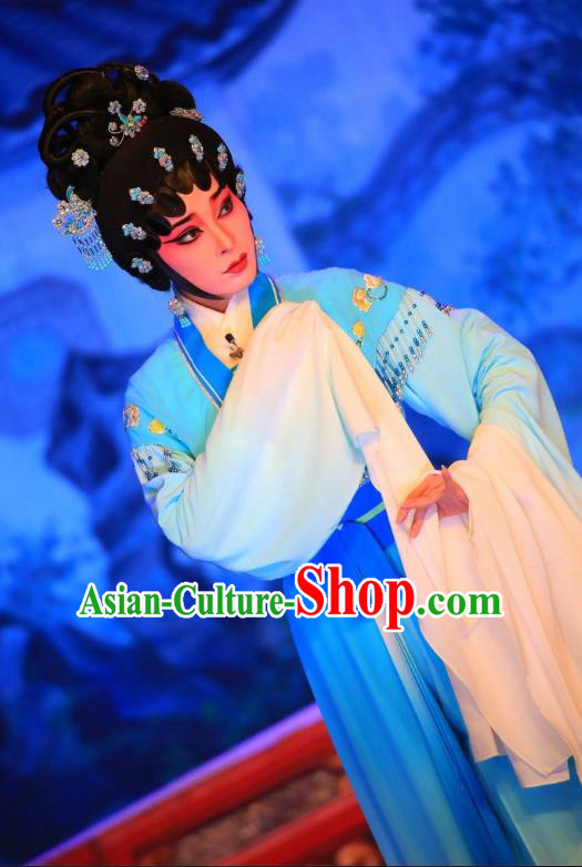 Chinese Cantonese Opera Diva Li Qianniang Garment Xu Jiujing Costumes and Headdress Traditional Guangdong Opera Actress Apparels Hua Tan Blue Dress