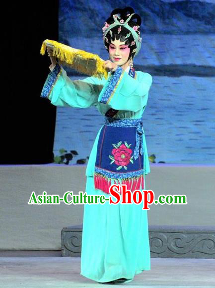 Chinese Cantonese Opera Village Girl Garment Luo Shui Qing Meng Costumes and Headdress Traditional Guangdong Opera Young Female Apparels Blue Dress