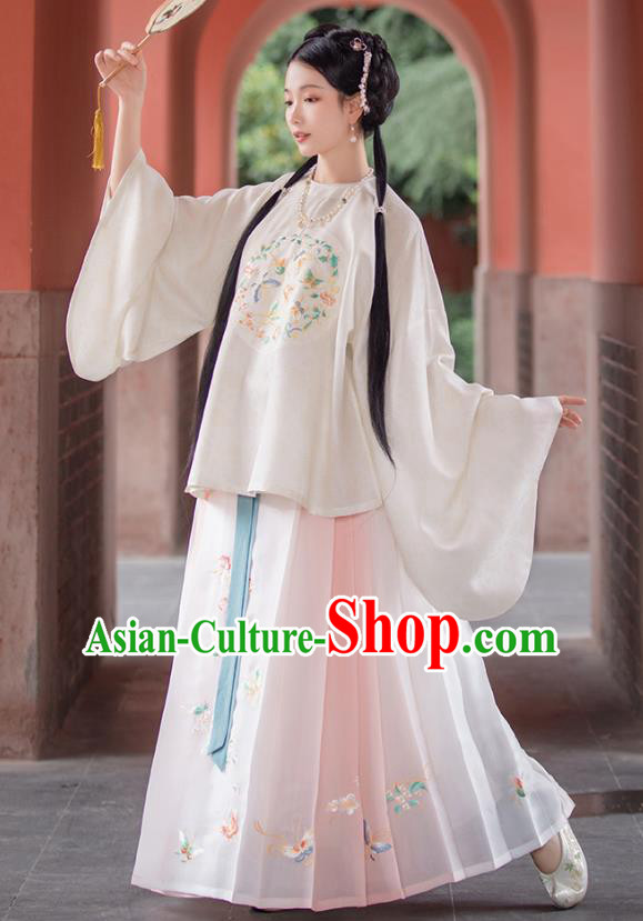 Traditional Chinese Ming Dynasty Patrician Lady Hanfu Apparels Ancient Nobility Female Historical Costumes Embroidered Blouse and Horse Face Skirt Complete Set