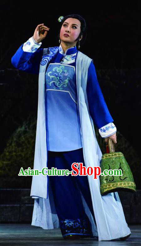 Chinese Sichuan Opera Highlights Young Mistress Ge Laifeng Garment Costumes and Headdress The Sound of Bell Traditional Peking Opera Diva Blue Dress Apparels