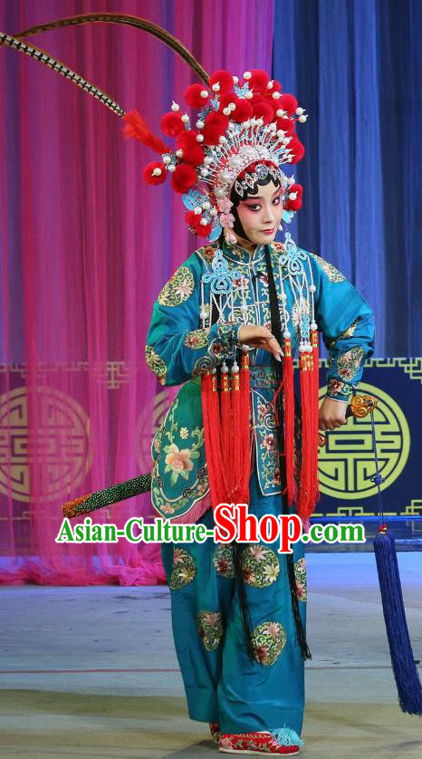 Chinese Sichuan Highlights Opera Martial Female Garment Costumes and Headdress San Ping Cu Traditional Peking Opera Actress Dress Castellan Zhou Juanniang Apparels