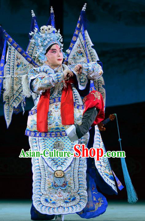 Wang Baochuan Chinese Bangzi Opera General Kao Apparels Costumes and Headpieces Traditional Hebei Clapper Opera Military Officer Garment Armor Clothing with Flags