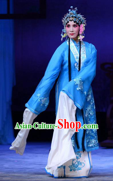 Chinese Hebei Clapper Opera Hua Tan Blue Garment Costumes and Headdress Zhen Zhu Shan Traditional Bangzi Opera Actress Dress Young Mistress Wang Sanqiao Apparels
