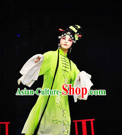 Chinese Hebei Clapper Opera Actress Garment Costumes and Headdress Meng Jiangnv Traditional Bangzi Opera Hua Tan Green Dress Young Female Apparels