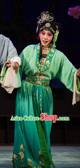 Chinese Hebei Clapper Opera Actress Garment Costumes and Headdress Zhong Kui Traditional Bangzi Opera Hua Tan Green Dress Young Lady Apparels