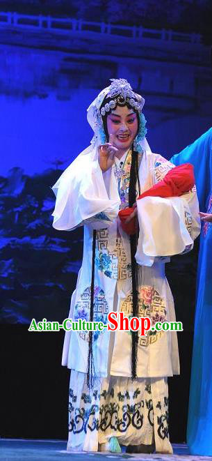 Chinese Hebei Clapper Opera Young Female Garment Costumes and Headdress Madam White Snake Traditional Bangzi Opera Hua Tan Dress Diva Bai Suzhen Apparels