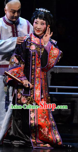 Chinese Hebei Clapper Opera Rich Female Cao Qiqiao Garment Costumes and Headdress Golden Lock Notes Traditional Bangzi Opera Actress Dress Diva Apparels