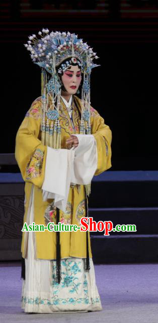 Chinese Shanxi Clapper Opera Empress Garment Costumes and Headdress Traditional Bangzi Opera Hua Tan Yellow Dress Queen Apparels