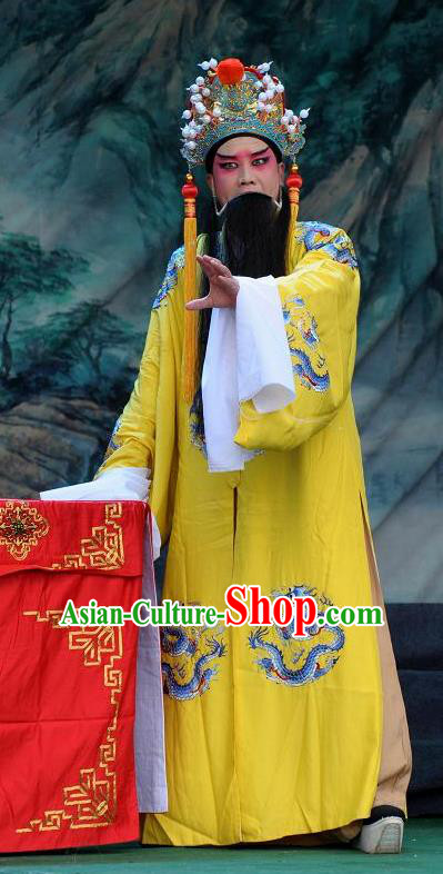 Chinese Bangzi Opera Laosheng Apparels Elderly Male Costumes and Headpieces Traditional Shanxi Clapper Opera Emperor Garment Monarch Clothing