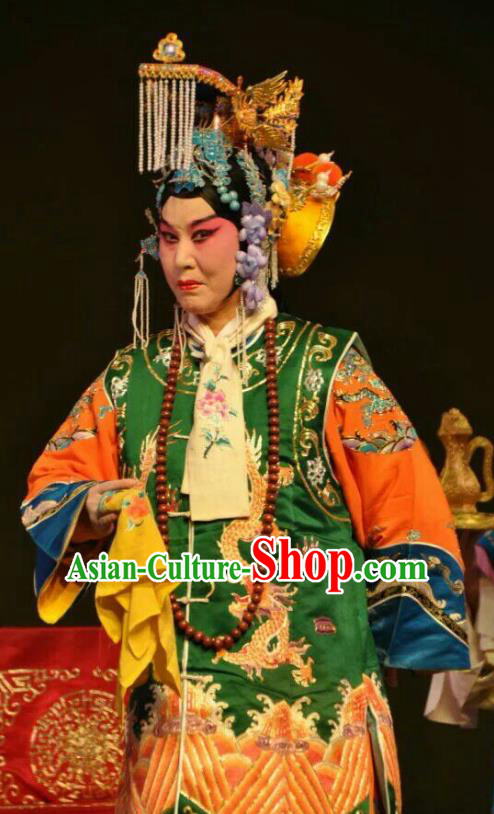 Chinese Shanxi Clapper Opera Empress Dowager Garment Costumes and Headdress San Guan Pai Yan Traditional Bangzi Opera Queen Mother Dress Apparels
