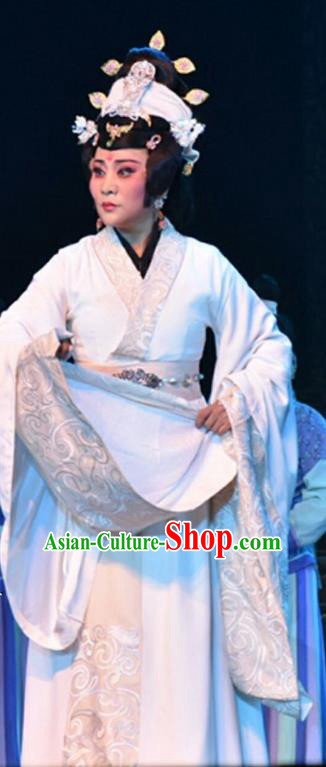Chinese Shanxi Clapper Opera Widow Garment Costumes and Headdress Ping Cheng Fu Traditional Bangzi Opera Diva Feng Yan White Dress Empress Apparels