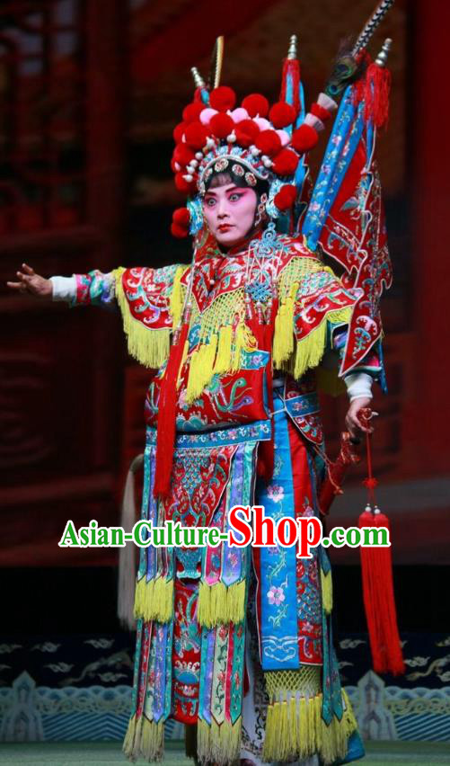 Chinese Shanxi Clapper Opera Tao Ma Tan Garment Costumes and Headdress Er Jin Gong Traditional Bangzi Opera Martial Female Dress Red Apparels with Flags