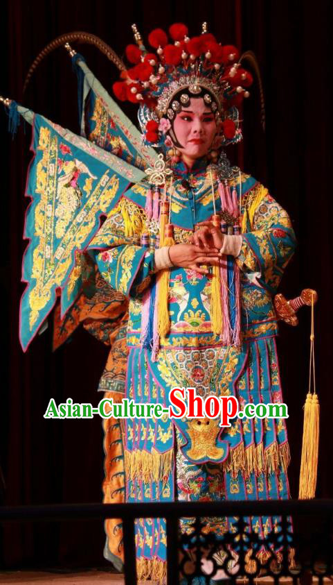 Chinese Shanxi Clapper Opera Martial Female Mu Guiying Garment Costumes and Headdress Ba Lang Ci Xiao Traditional Bangzi Opera Tao Ma Tan Dress Kao Apparels with Flags
