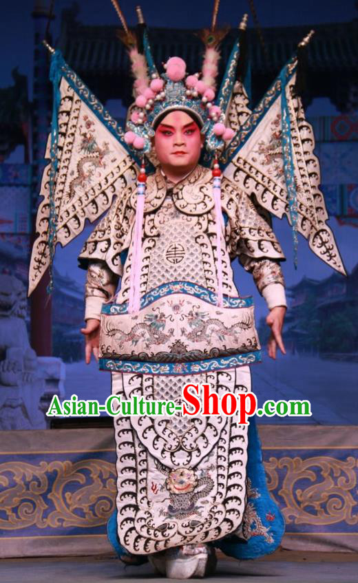 Zhong Bao Guo Chinese Bangzi Opera Wusheng Wang Shexiang Apparels Costumes and Headpieces Traditional Shanxi Clapper Opera Martial Male Garment General Clothing with Flags