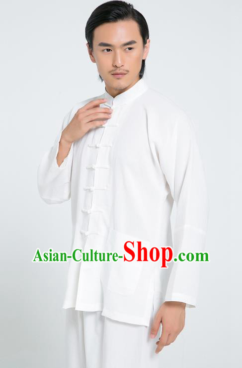 Top Grade Chinese Tai Ji Training Hand Painting Carps Uniforms Kung Fu Martial Arts Costume Shaolin Gongfu White Flax Shirt and Pants for Men