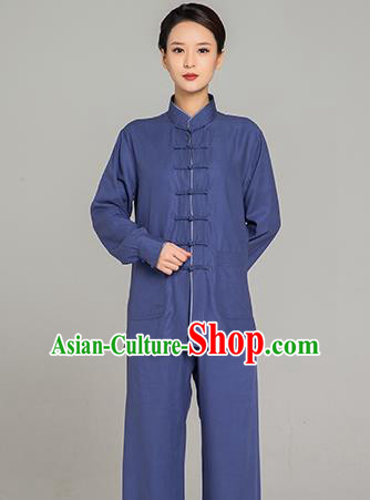 Professional Chinese Tang Suit Navy Linen Blouse and Pants Outfits Martial Arts Shaolin Gongfu Costumes Kung Fu Training Garment for Women