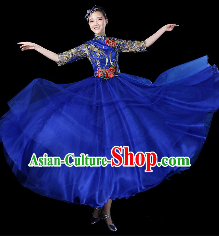 Traditional Chinese Opening Dance Costumes Stage Show Modern Dance Garment Folk Dance Royalblue Dress for Women