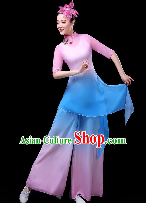 Traditional Chinese Classical Dance Costumes Stage Show Fan Dance Garment Umbrella Dance Blue Blouse and Pants for Women
