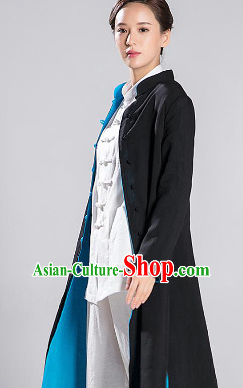 Traditional Chinese Tang Suit Reversible Dust Coat Costumes China Martial Arts Flax Garment Black and Blue Overcoat for Women