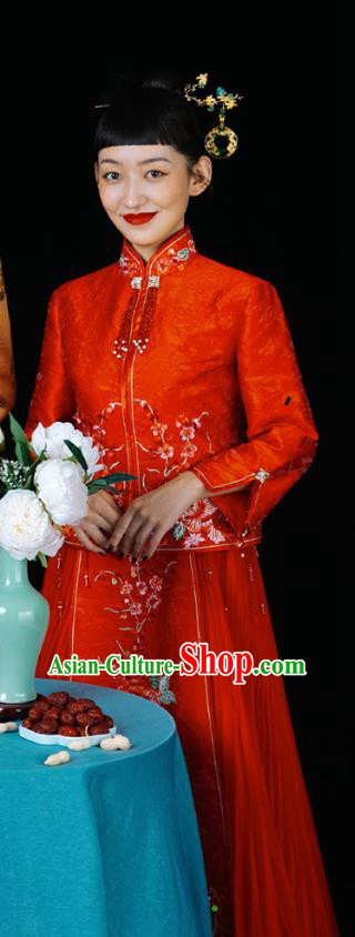 Chinese Traditional Wedding Costumes Bride Apparels Embroidered Red Blouse and Skirt Xiuhe Suits for Women