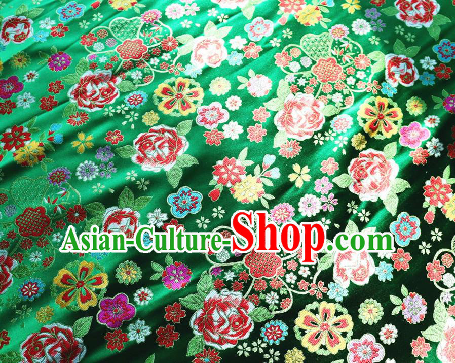 Japanese Traditional Rose Flowers Pattern Design Green Brocade Fabric Nishijin Silk Traditional Asian Yamato Kimono Tapestry Satin Material