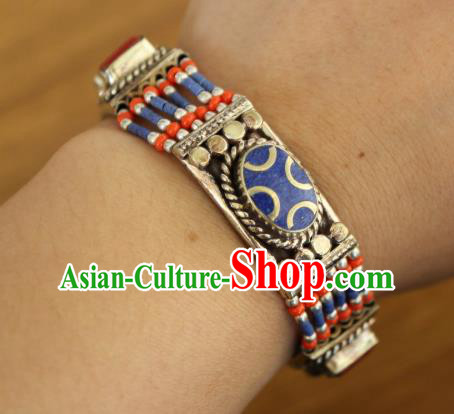 Chinese Traditional Tibetan Nationality Court Silver Bracelet Jewelry Accessories Decoration Zang Ethnic Handmade Royalblue Bangle for Women