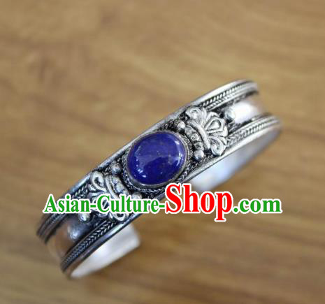 Chinese Traditional Tibetan Nationality Blue Kallaite Bracelet Jewelry Accessories Decoration Handmade Zang Ethnic Silver Carving Bangle for Women