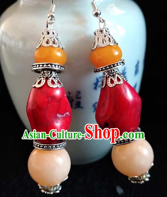 Chinese Traditional Zang Ethnic Red Stone Earrings Tibetan Nationality Ear Accessories Handmade Eardrop Decoration for Women