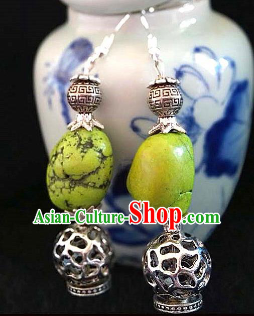 Chinese Traditional Zang Ethnic Green Stone Earrings Tibetan Nationality Ear Accessories Handmade Eardrop Decoration for Women