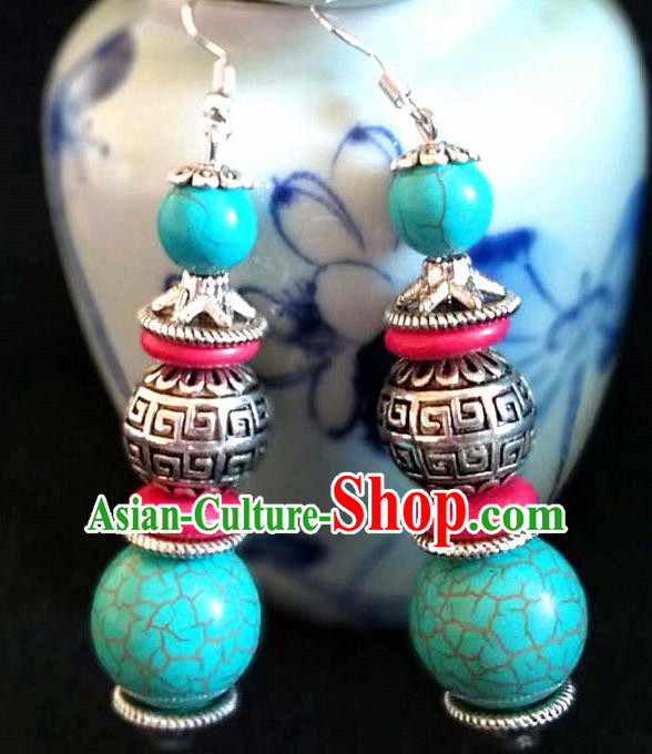 Chinese Traditional Zang Ethnic Blue Beads Earrings Tibetan Nationality Ear Accessories Handmade Eardrop Decoration for Women