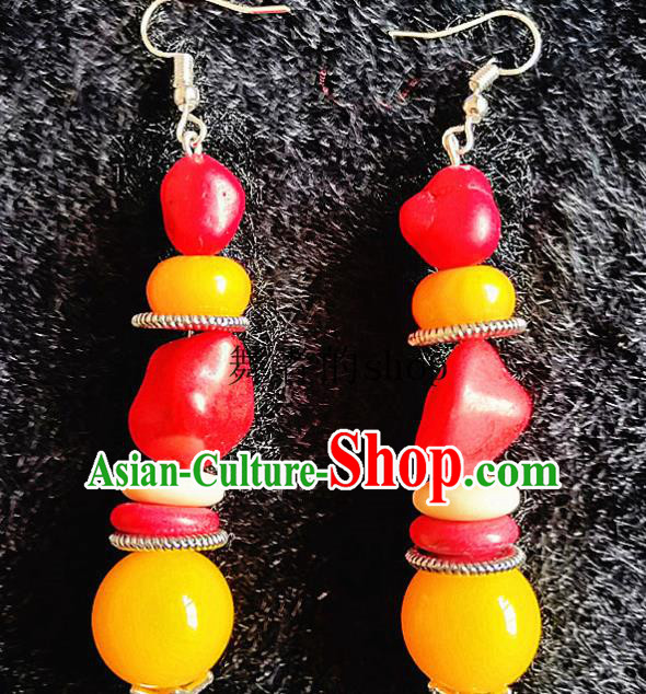 Chinese Traditional Zang Ethnic Earrings Bohemian Ear Accessories Handmade Red Stone Eardrop Decoration for Women