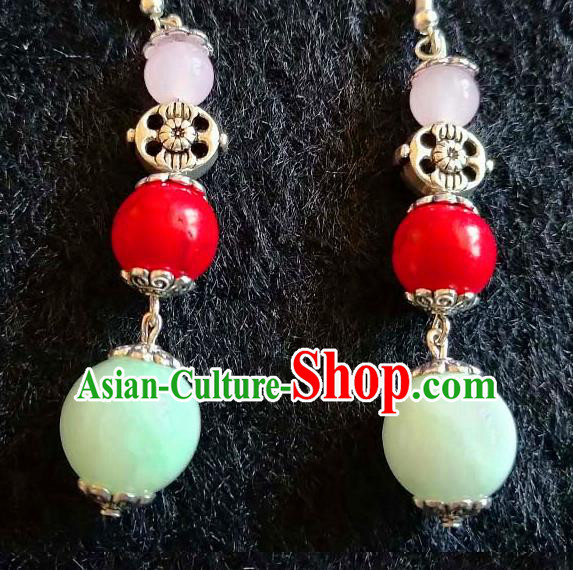 Chinese Traditional Zang Ethnic Light Green Bead Earrings Ear Accessories Handmade Tibetan Nationality Eardrop Decoration for Women