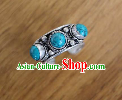 Chinese Traditional Tibetan Nationality Blue Stone Ring Accessories Handmade Decoration Zang Ethnic Folk Dance Silver Finger Circlet for Women