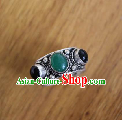 Chinese Traditional Tibetan Nationality Green Jade Ring Accessories Handmade Decoration Zang Ethnic Folk Dance Silver Finger Circlet for Women