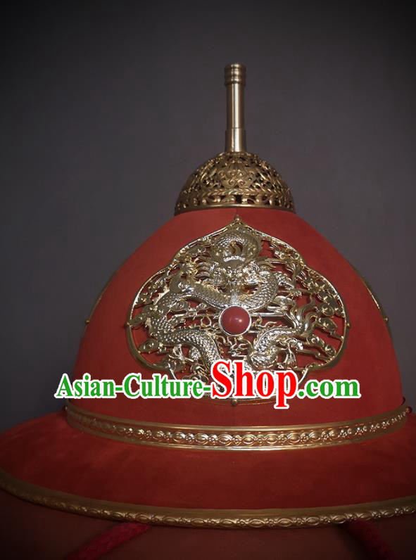 Traditional Chinese Ming Dynasty General Red Velvet Armet Hat Headpiece Ancient Military Officer Cavalry Helmet for Men