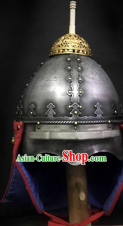 Traditional Chinese Ming Dynasty Imperial Guard Iron Armet Hat Headpiece Ancient General Brown Cloth Helmet for Men