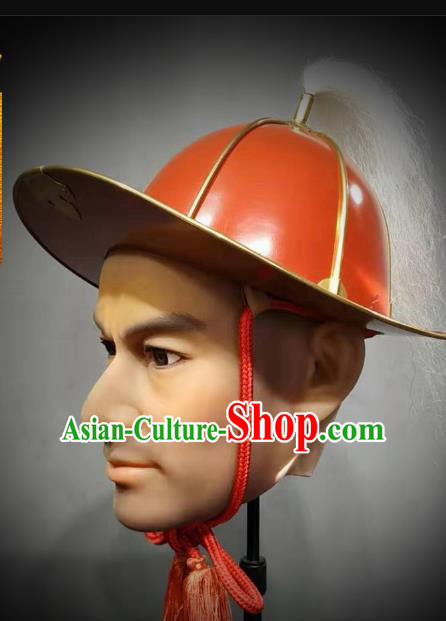 Traditional Chinese Ming Dynasty General Armor Hat Headpiece Ancient Warrior Red Lacquer Iron Helmet for Men
