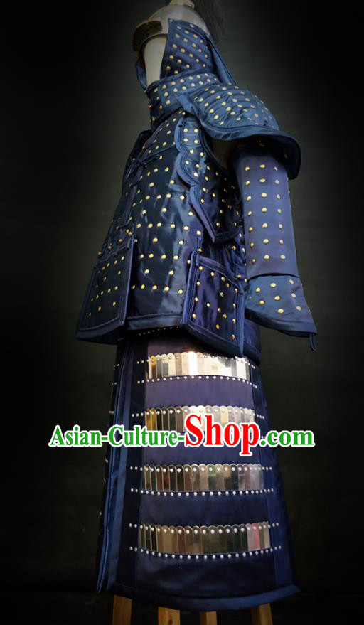 Traditional Chinese Qing Dynasty Emperor Qianlong Blue Satin Body Armor Outfits Ancient General Iron Costumes and Helmet Full Set