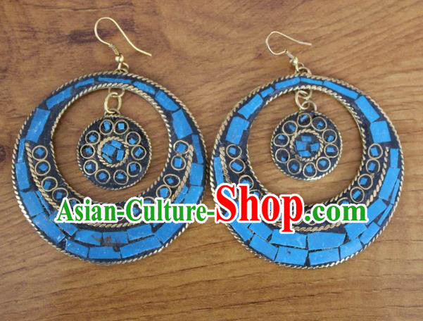 Chinese Traditional Tibetan Nationality Folk Dance Blue Ear Accessories Handmade Eardrop Decoration Zang Ethnic Silver Earrings for Women