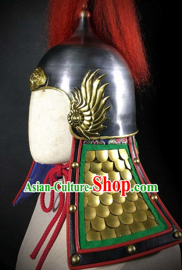 Traditional Chinese Ming Dynasty General Armor Hat Headpiece Ancient Soldier Warrior Armet Iron Phoenix Wings Helmet for Men