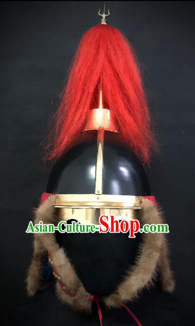 Traditional Chinese Ming Dynasty General Fur Armor Hat Headpiece Ancient Soldier Warrior Armet Iron Helmet for Men