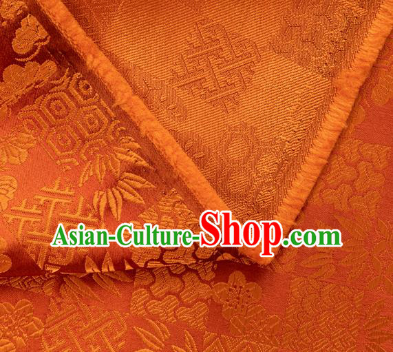 Japanese Traditional Bamboo Leaf Coppor Pattern Design Orange Brocade Fabric Silk Material Traditional Asian Japan Kimono Dress Satin Tapestry