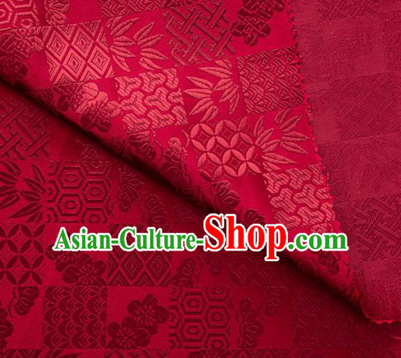 Japanese Traditional Bamboo Leaf Coppor Pattern Design Wine Red Brocade Fabric Silk Material Traditional Asian Japan Kimono Dress Satin Tapestry