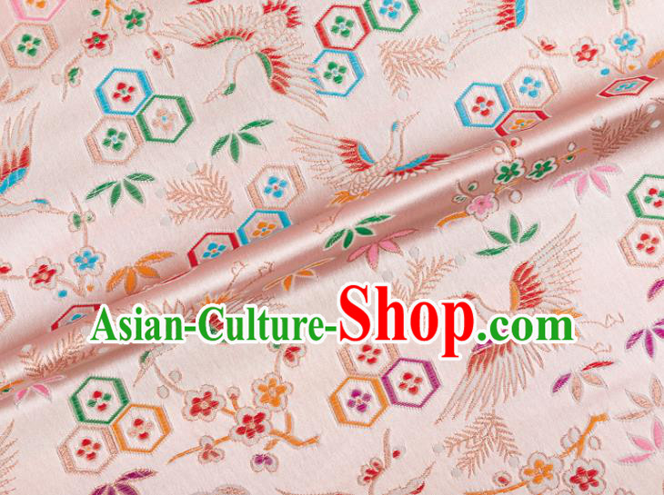 Japanese Traditional Crane Plum Pattern Design Pink Brocade Nishijin Fabric Silk Material Traditional Asian Japan Kimono Tapestry Satin